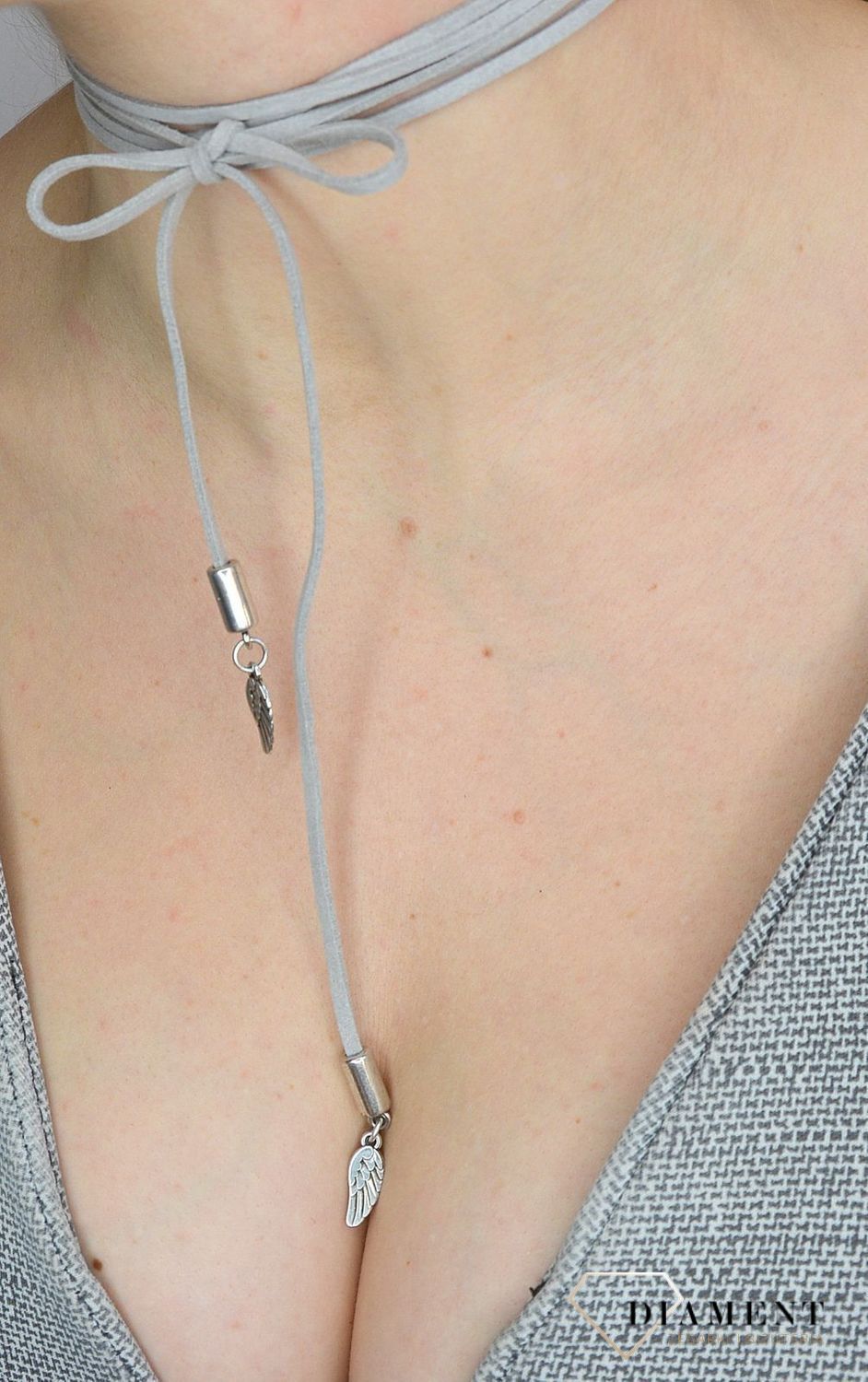 Naszyjnik choker bransoletka szary rzemyk ze skrzydłami.jpg